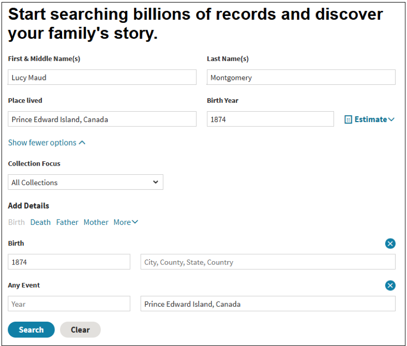 Screenshot of the basic search screen