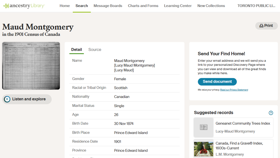 screenshot of the detail page for the 1901 census record for L M Montgomery