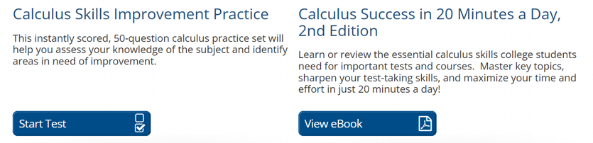 A screenshot from the search results for calculus showing two of the resources available. One is a calculus skills test and other is an ebook about learning calculus. 