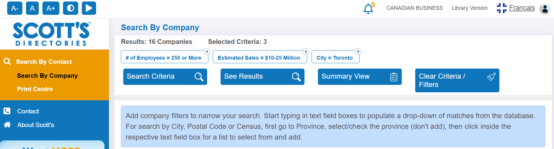 Screen capture showing and example of filters.