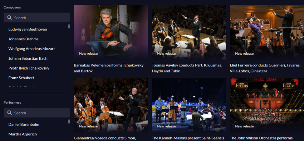 screen shot of concerts section showing the filters Composers and Performers