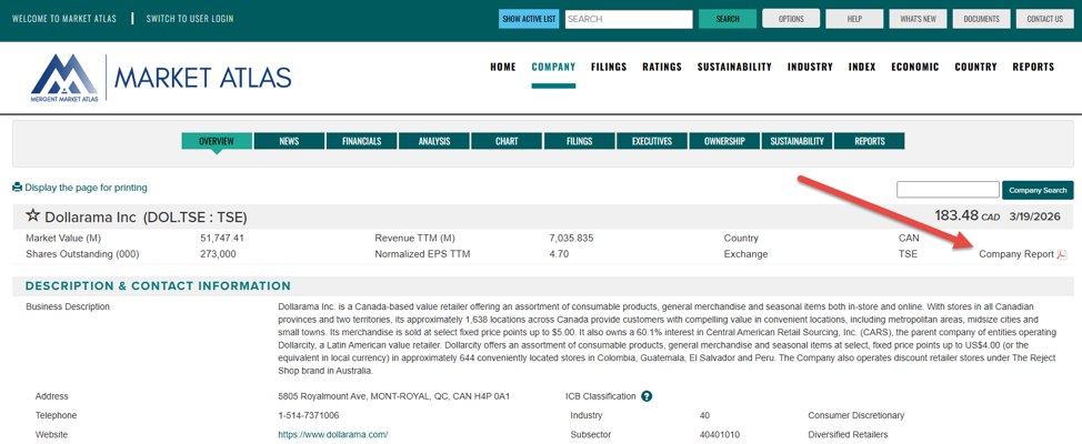 Screenshot of a company profile with red arrow pointing the location of the Mergent company report on the right hand side, under the current stock price. 