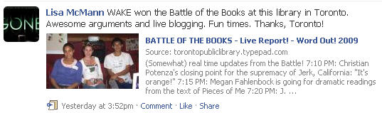 Lisa McMann posts about BATTLE OF THE BOOKS on her Facebook page.