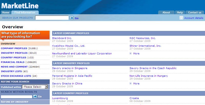 MarketLine - screen shot of search results list MarketLine - screen shot of search results list