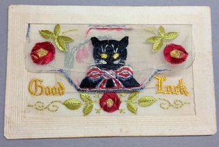 Good luck black cat WW1 silk postcard with closed envelope