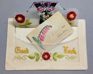 Good luck black cat WW1 silk postcard with opened envelope
