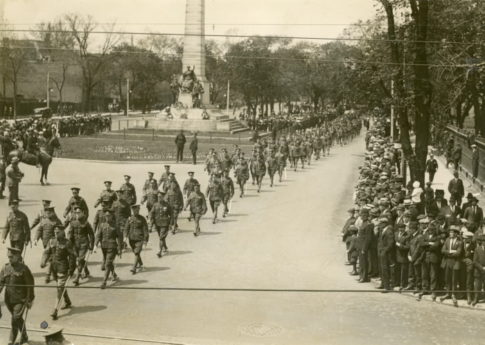 Toronto Quen Victoria  Birthday Parade  1923, military parade, looking north on University Ave. from Queen St. West