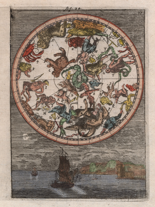 A circular map shows animals and mythological figures representing constellations