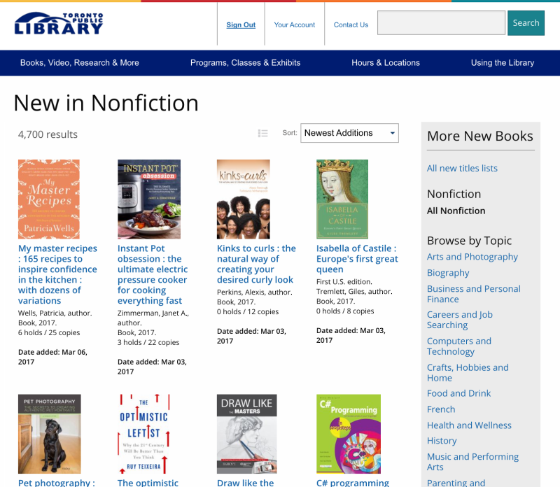 Screen Shot New in Nonfiction page on Toronto Public Library website