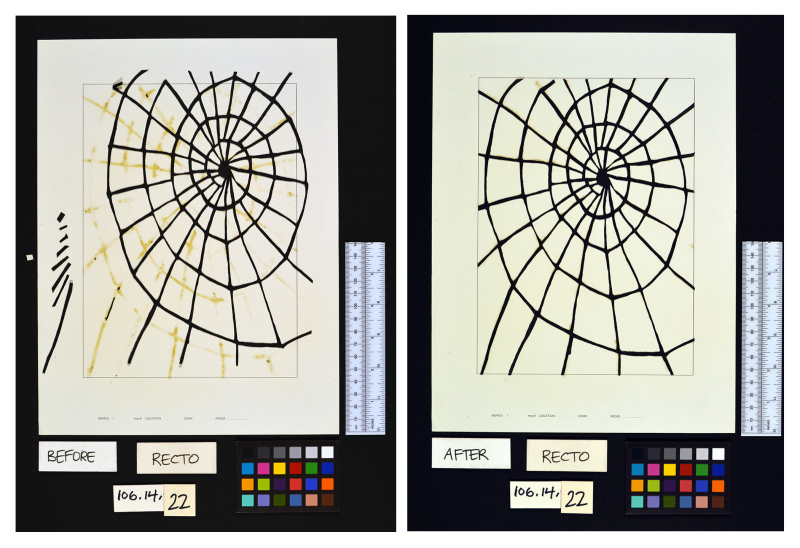 Before and after pictures of a spider web collage being repaired