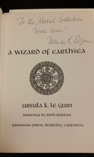 A Wizard of Earthsea inscription to Merril Collection