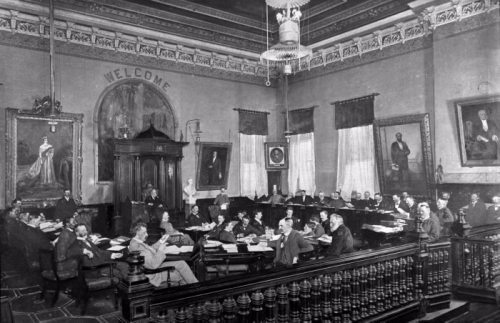 City Hall (1844-1899); Interior council chamber looking s.w. showing city council's last meeting in 1844-1899 city hall City Hall (1844-1899); Interior council chamber looking s.w. showing city council's last meeting in 1844-1899 city hall