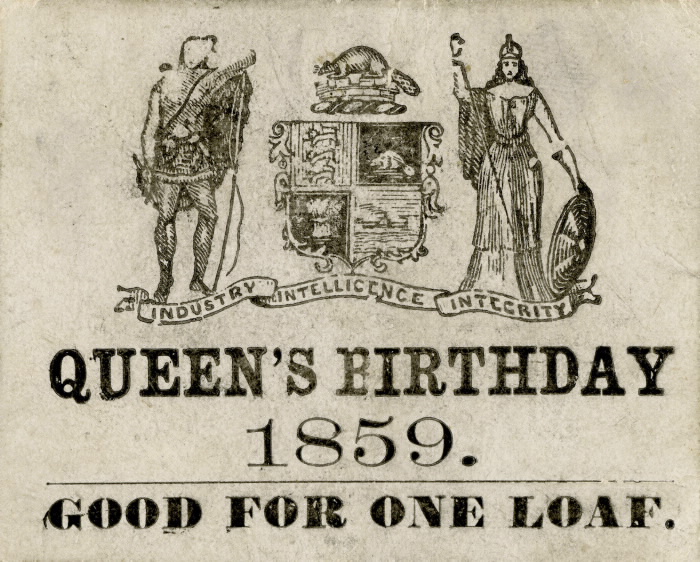 1859 Queen's Birthday paper ticket for one free loaf of bread Toronto Ontario