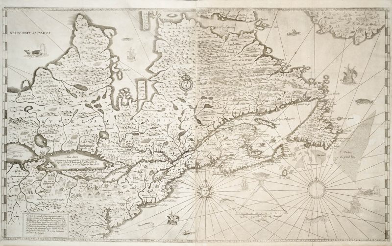 An un-coloured map of New France shows rivers and other geographic features and the Atlantic Ocean is decorated with rhumb lines and illustrations of whales and ships  