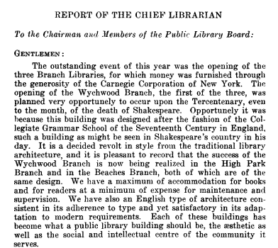 Excerpt from Toronto Public Library Annual Report 1916