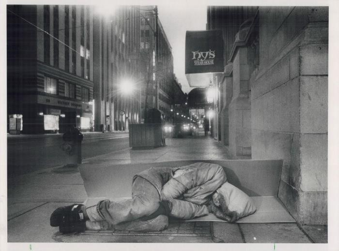 1988 vintage photo Toronto Star Archives A sheet of cardboard is a bed for a homeless youth on a downtown Toronto street. 1988 vintage photo Toronto Star Archives A sheet of cardboard is a bed for a homeless youth on a downtown Toronto street.