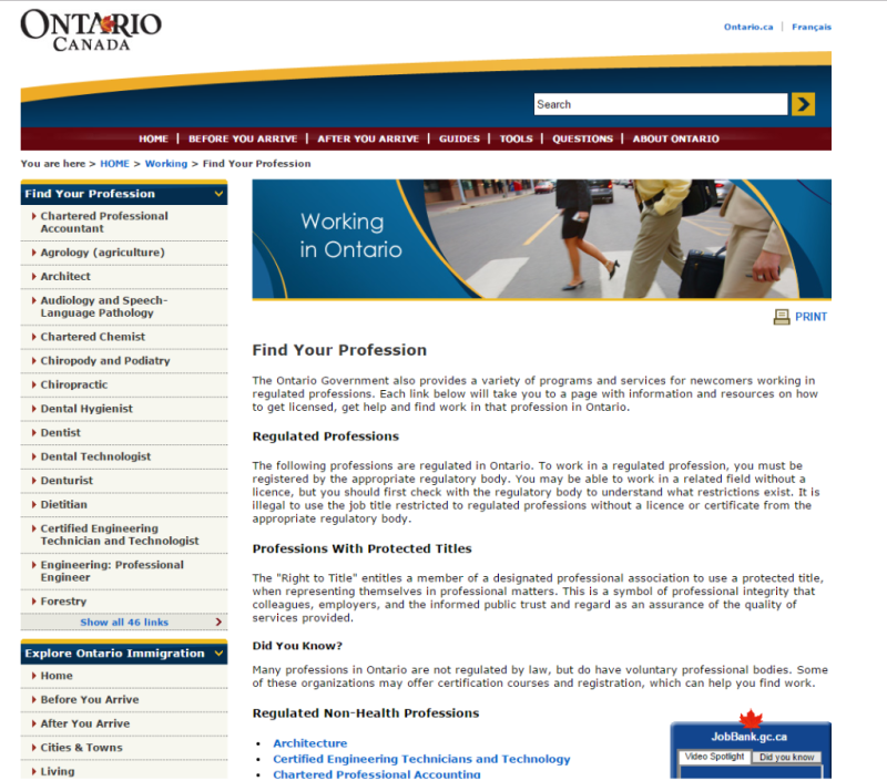Working in Ontario website