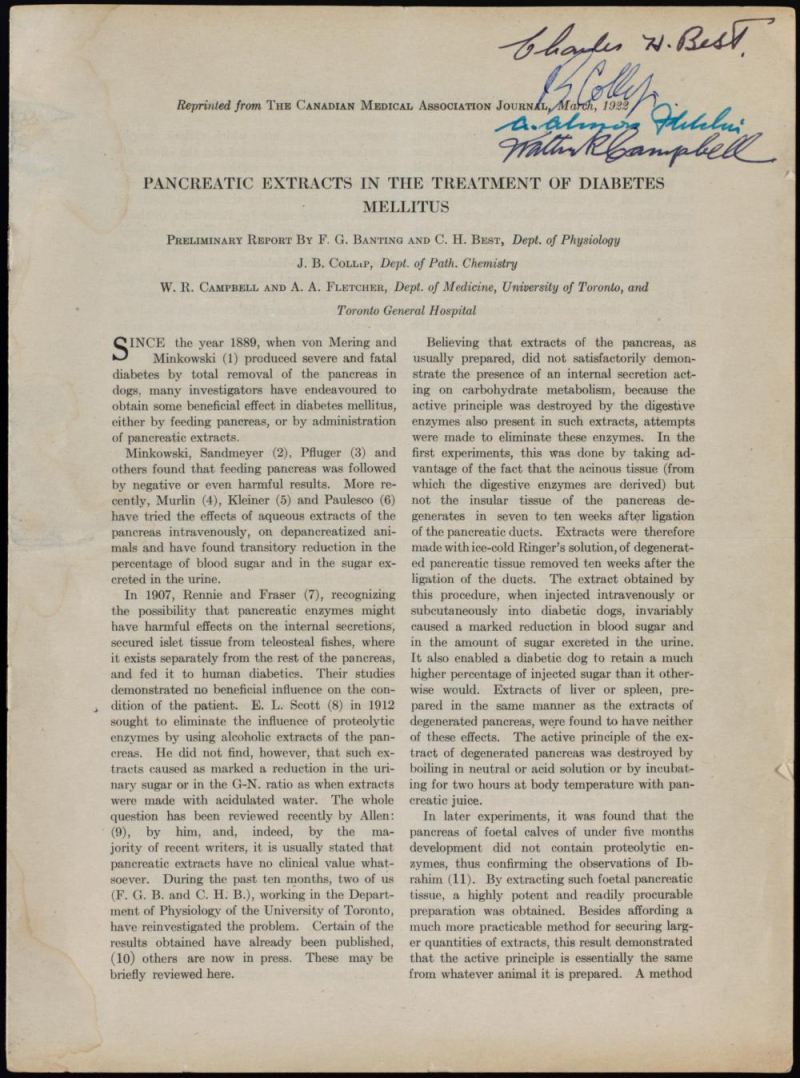 Autographed copy of Pancreatic extracts in the treatment of diabetes mellitus T10011