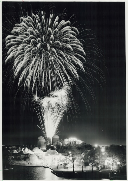 1987  Fireworks light up the sky above Ontario Place, Toronto,  last night in one of several spectacular Victoria Day shows in and around Metro
