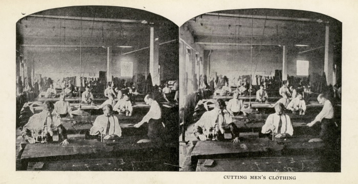 Eaton, T., Company, Louisa St., n.e. cor. Downey's Lane; Interior Cutting Men's Clothing 1909 Eaton, T., Company, Louisa St., n.e. cor. Downey's Lane; Interior Cutting Men's Clothing 1909