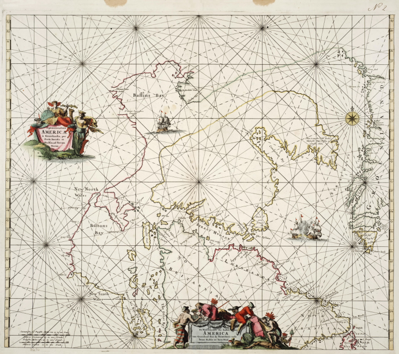 A sea chart covered in intersecting solid and dashed lines and is decorated with ships and human figures