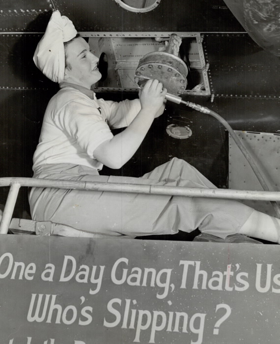 1945 photo: woman working on a Lancaster bomber at Victory Aircraft in Malton