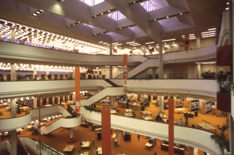 1977 Metropolitan Toronto Reference Library interior photo showing banners