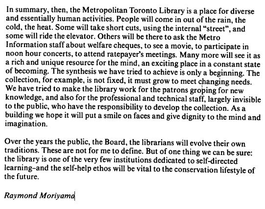 Raymond Moriyama architect's remarks the library is a place for diverse and essentially human activities