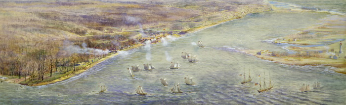 Bird's-eye view looking northeast from approximately foot of Parkside Drive  showing arrival of American fleet prior to capture of York  27 April 1813. jrr905