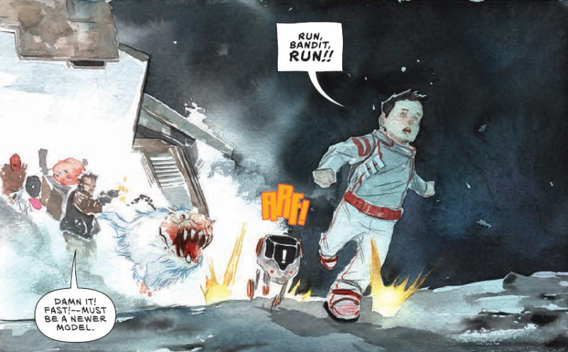 Panel of Descender in which a boy and his robot dog run away from a group of aliens  one of which is shotting a gun