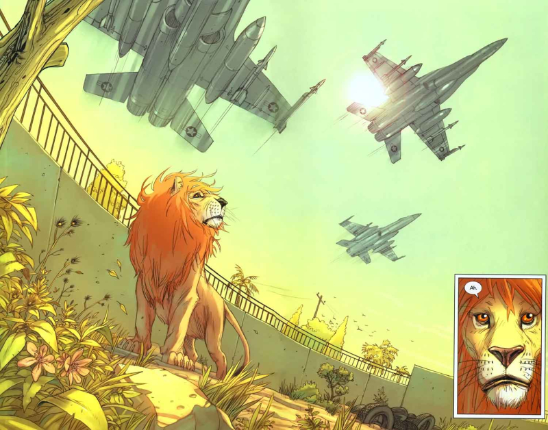 Two page spread from comic showing a lino in a zoo with fighter jets passing by close to the ground