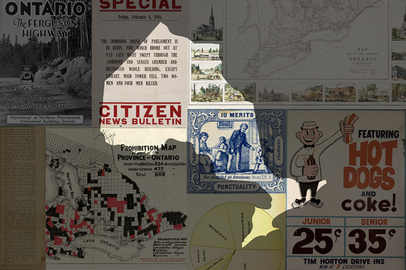 Collage of old historical items with an outline of Ontario