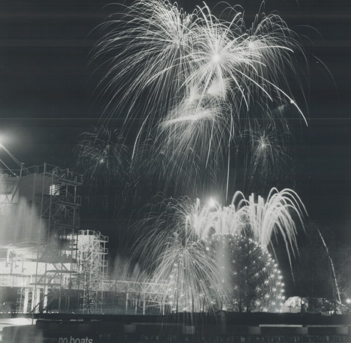 1971 photo fireworks over Cinesphere Ontario Place opening night