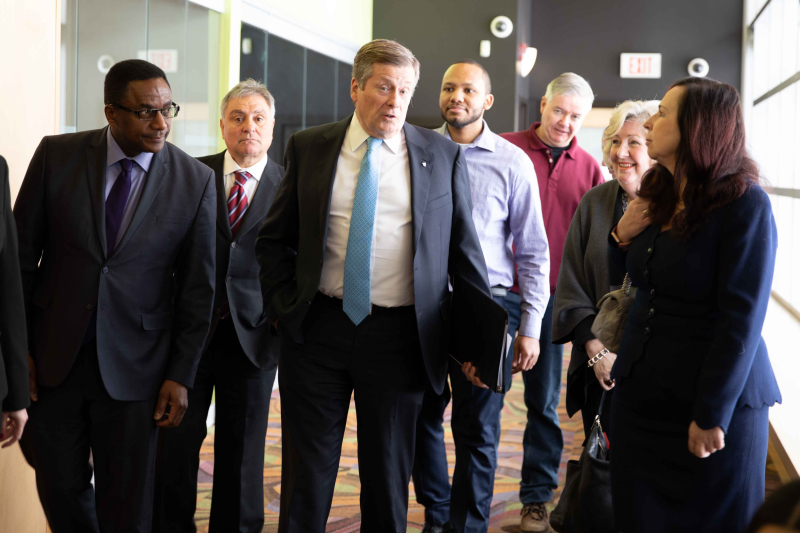 Mayor John Tory and library staff at Malvern branch
