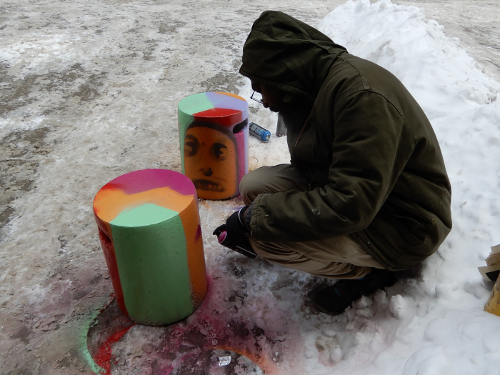 local artist Elicser working on stools for the "For The Record - An Idea of the North - New exhibition celebrating Hip Hop in Toronto