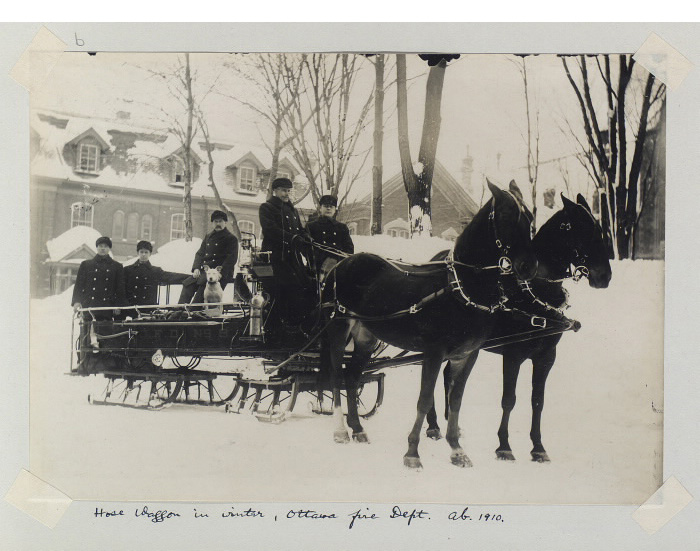 Men and a dog in winter uniforms on horse drawn sled in winter time Men and a dog in winter uniforms on horse drawn sled in winter time