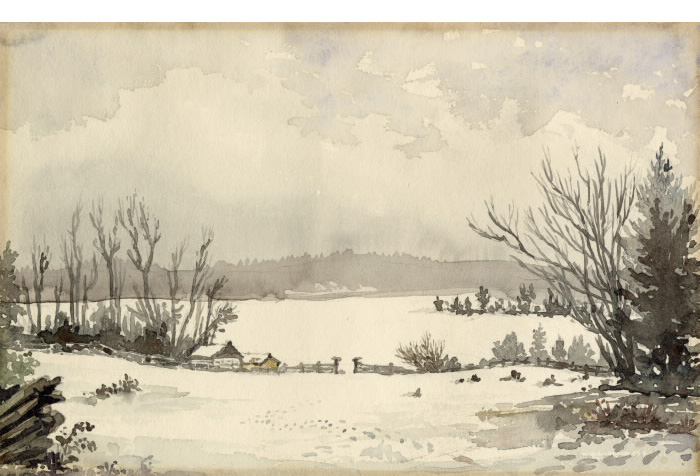 Painting of a few houses sitting on a grey winter landscape Painting of a few houses sitting on a grey winter landscape