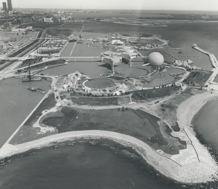 1971 photo aerial view of Ontario Place looking eastward