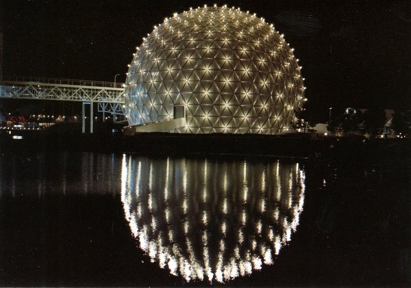 Vintage postcard circa 1970s night view illuminated Cinesphere  Ontario Place Toronto Ontario