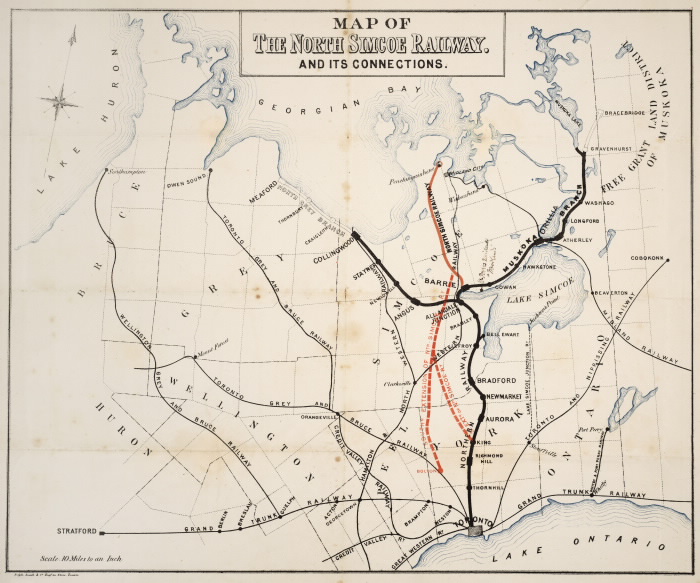 1877 Map of the North Simcoe Railway  and its connections