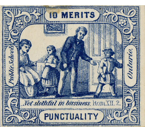 Illustration of a man welcoming boy into a room with 10 merits written on top and punctuality written on bottom