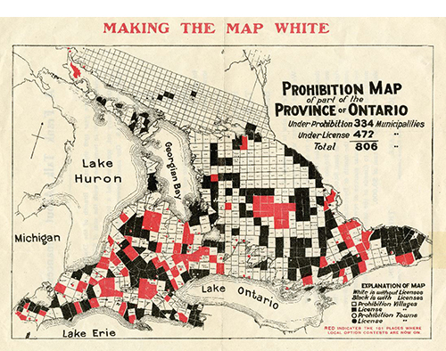Map of southern Ontario divided into municipalities color coded to show which places had probibition  didn't have prohibition