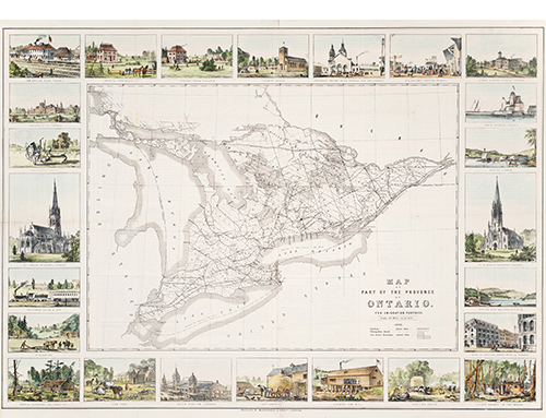 Map of what is now Southern Ontario with routes as well as a border of scenic illustrations across the province