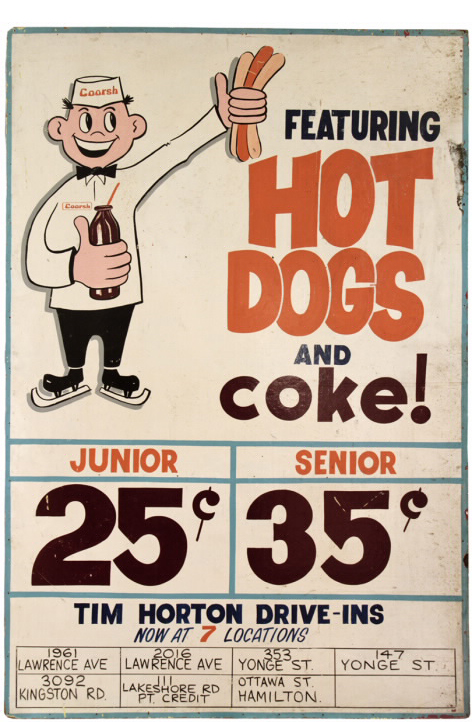 Poster with illustrated man holding soda and hotdog  advertising prices for meals and listing 7 locations