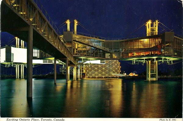 Vintage postcard circa 1970s  Exciting Ontario Place Toronto Ontario bridge and floating pods night view photo E. Otto