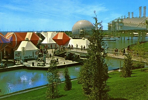 Vintage postcard circa 1970s Ontario Place showing geometric colorful retail restaurant pods