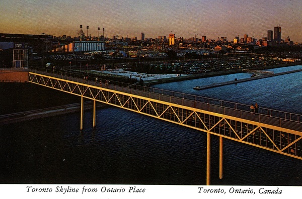Vintage postcard circa 1980s Toronto Skyline from Ontario Place view of bridge