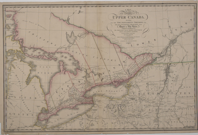 1818 A map of the province of Upper Canada describing all the settlements and townships etc with the countries adjacent from Quebec to Lake Huron