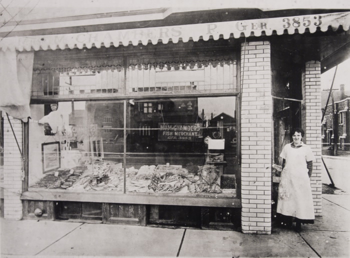 1910 vintage photo  Mrs. Margaret Chambers   fishmonger  Danforth Ave.  s.e. cor. Bowden St.