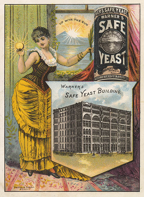 Yeast advertisement with a woman and packaging as well as building with text that reads Warner's Safe Yeast Building